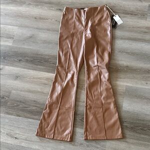 Stylish Tan Flared Faux leather Pants